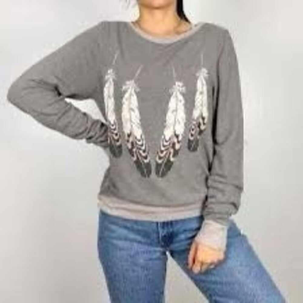 Wild Fox Gray Feather Graphic Print Oversized Pullover Sweatshirt Size XS